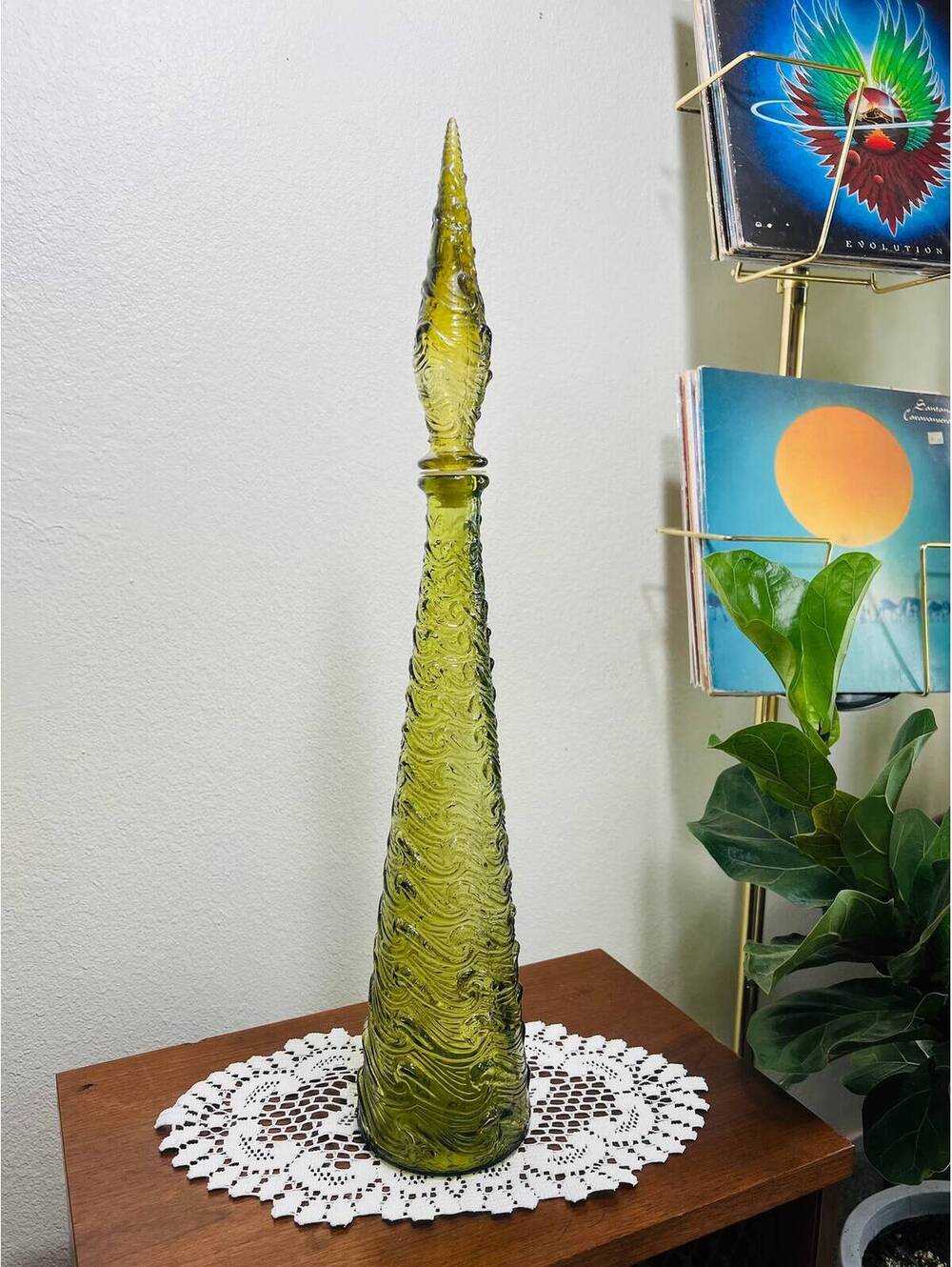 Vintage 1960s Wave Empoli Italy Decanter in Rare Olive Green